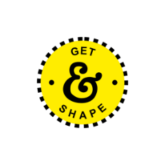 Logo da Get Shape. Ele é um circulo, com as cores amarelo e preto, dentro dele tem o nome Get Shape.